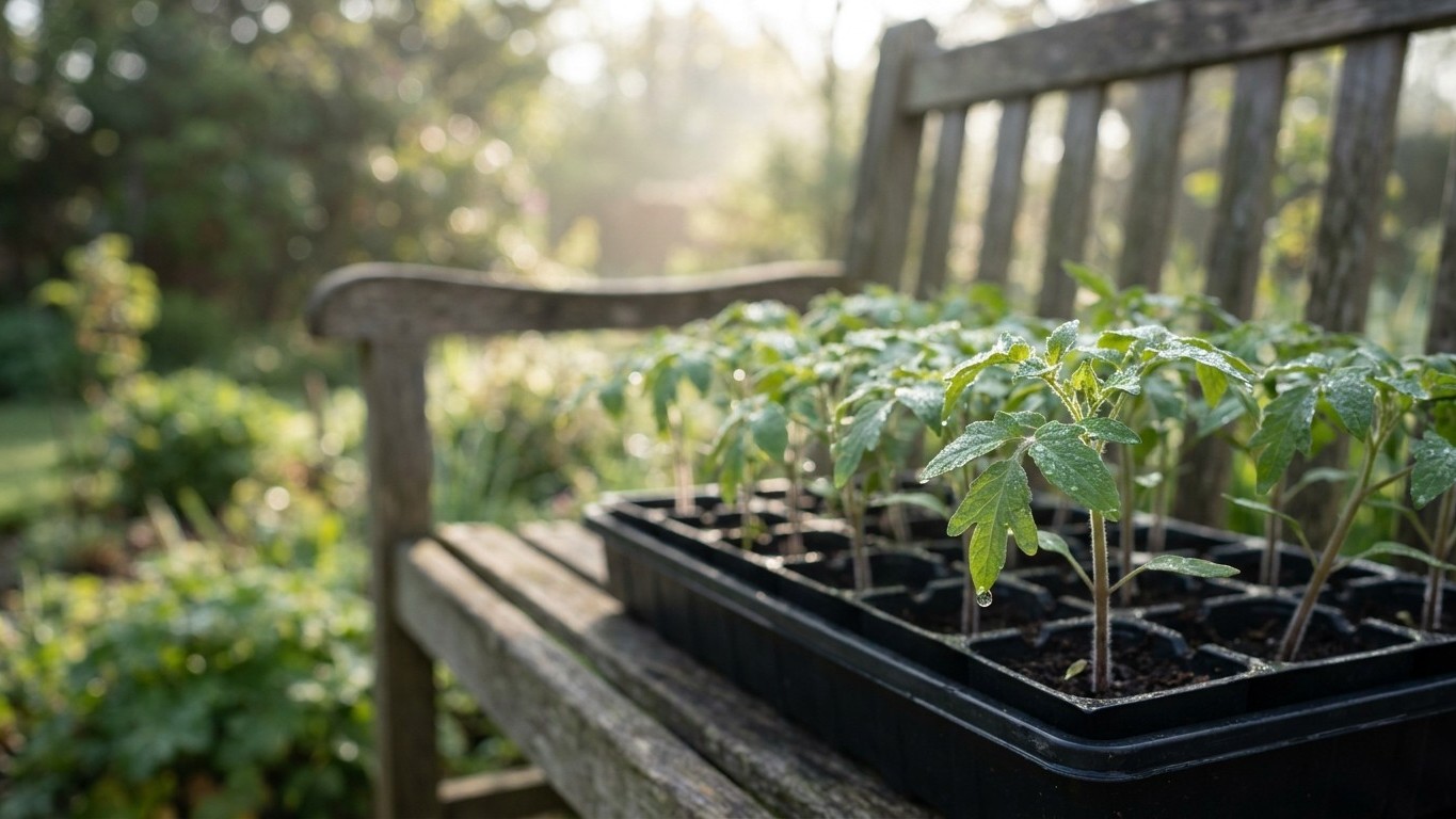 Young vegetable seedlings in black propagation trays sit on a wooden garden bench with a rustic gate visible in the soft-focused background.