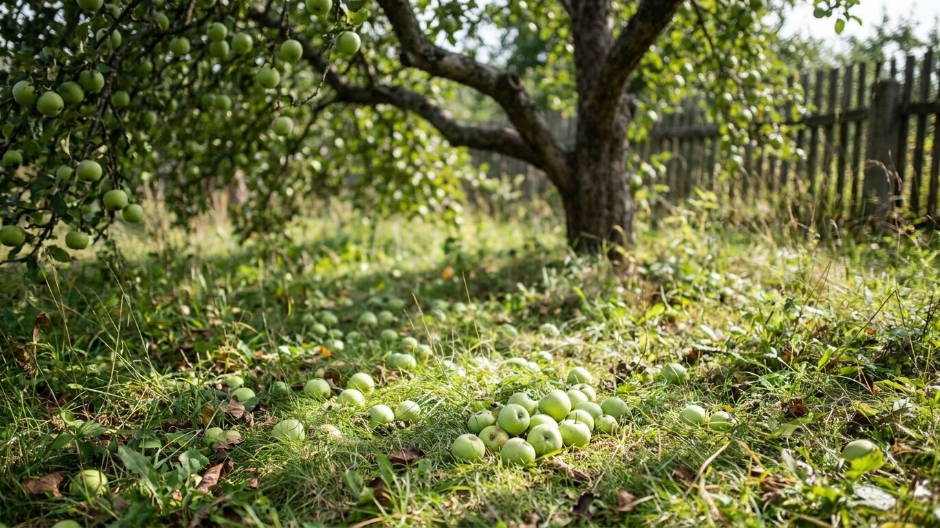 Green apples fallen on grass beneath a mature apple tree in an orchard setting with wooden fence visible.