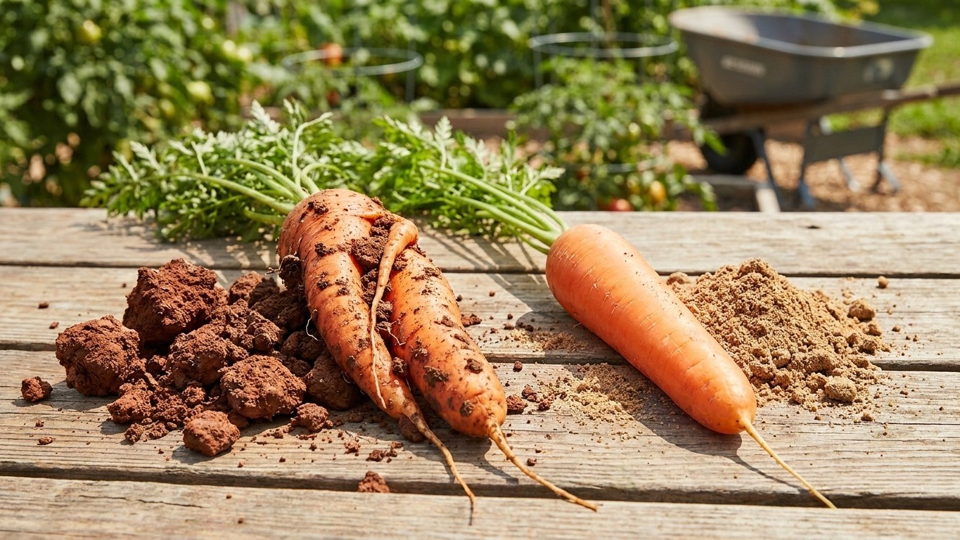 Freshly harvested carrots with attached greens and soil displayed on a wooden surface in a garden setting.