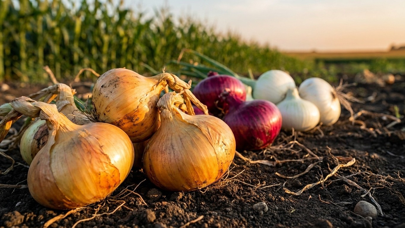 Golden, red, and white onions arranged on dark soil with a cornfield visible in the background at sunset.