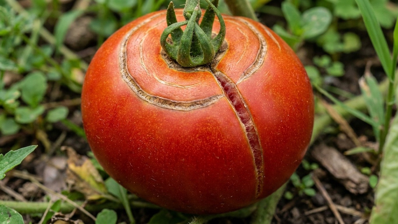 A vibrant red ripe tomato with green sepals attached to the vine, growing in a garden bed surrounded by soil and green foliage.