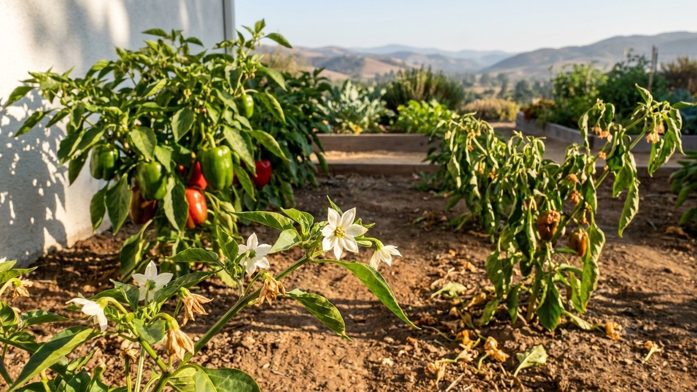 Vegetable garden with mature pepper plants bearing white flowers and red peppers, showing wilted neighboring plants and distant hills.