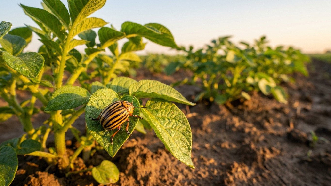 A striped Colorado potato beetle feeds on a young potato plant leaf in an agricultural field during golden hour.
