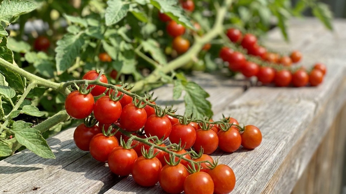 Fresh red cherry tomatoes on the vine displayed on a weathered wooden surface in bright sunlight.