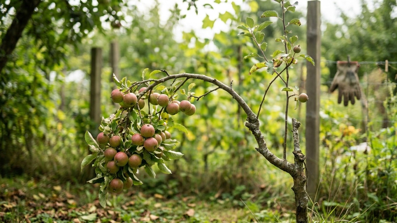 Young apples clustered on a bent branch in a lush orchard with vertical support stakes visible in background.
