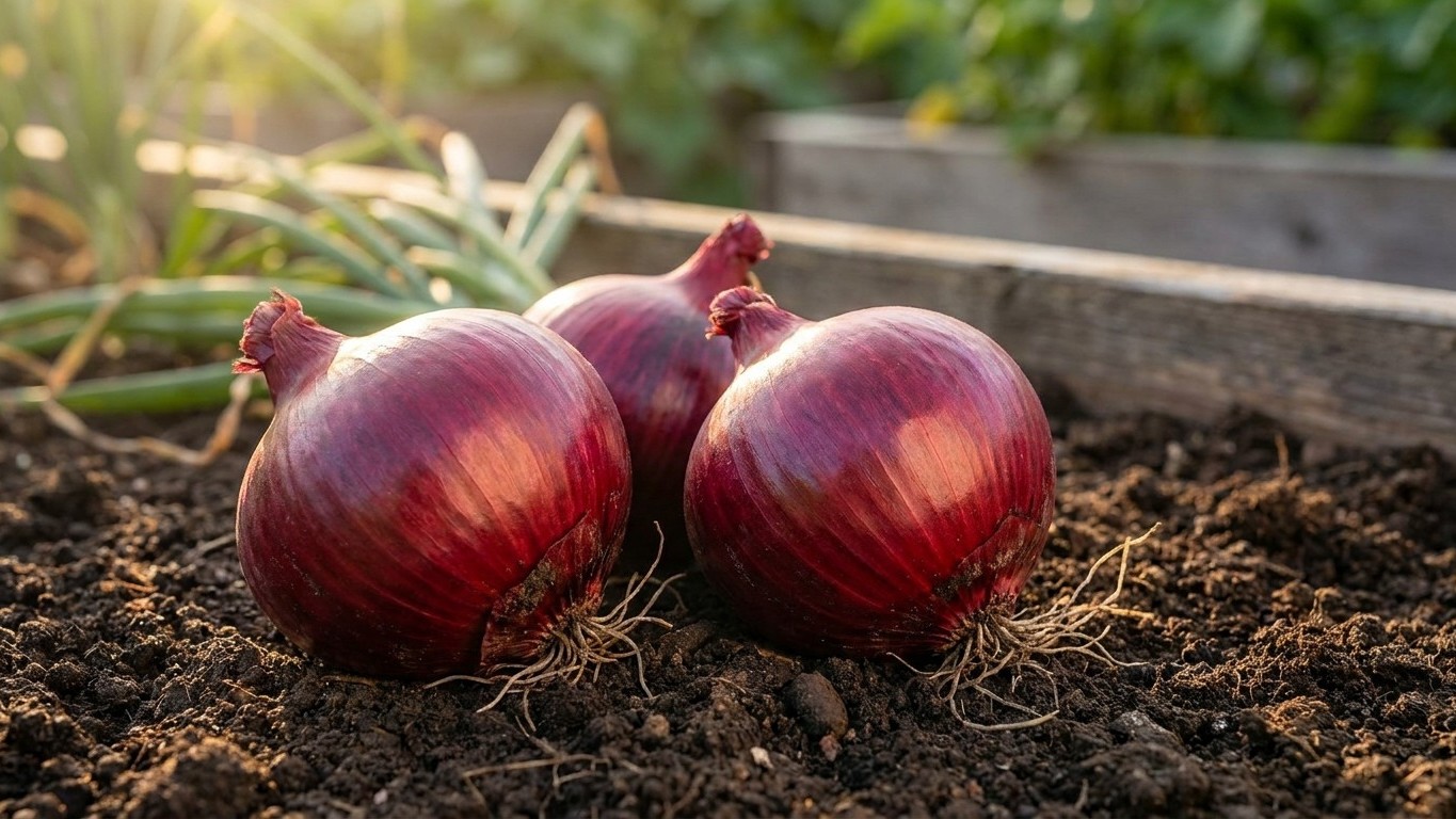 Two mature red onions with roots still attached sit in rich garden soil in a raised bed with warm sunlight illuminating their glossy purple-red skin.