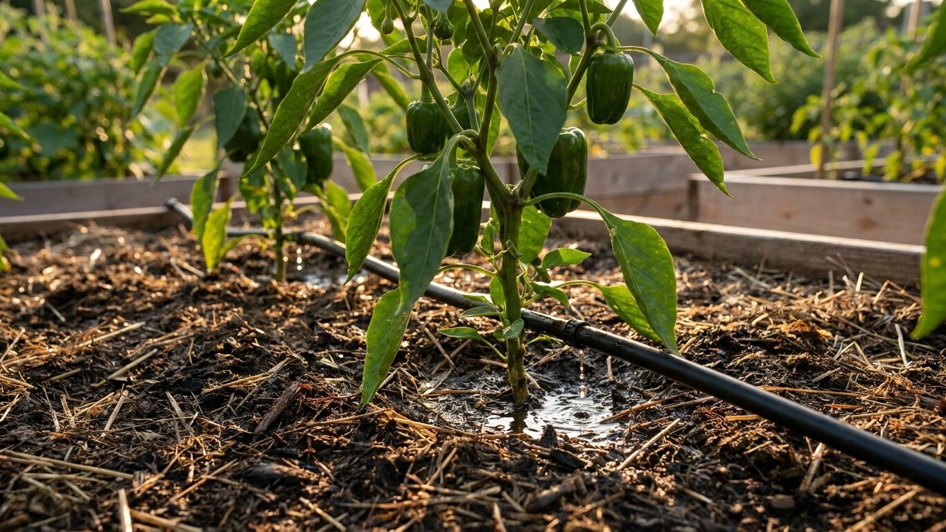 Young pepper plants grow in a mulched raised bed garden bed with drip irrigation system in sunny conditions.