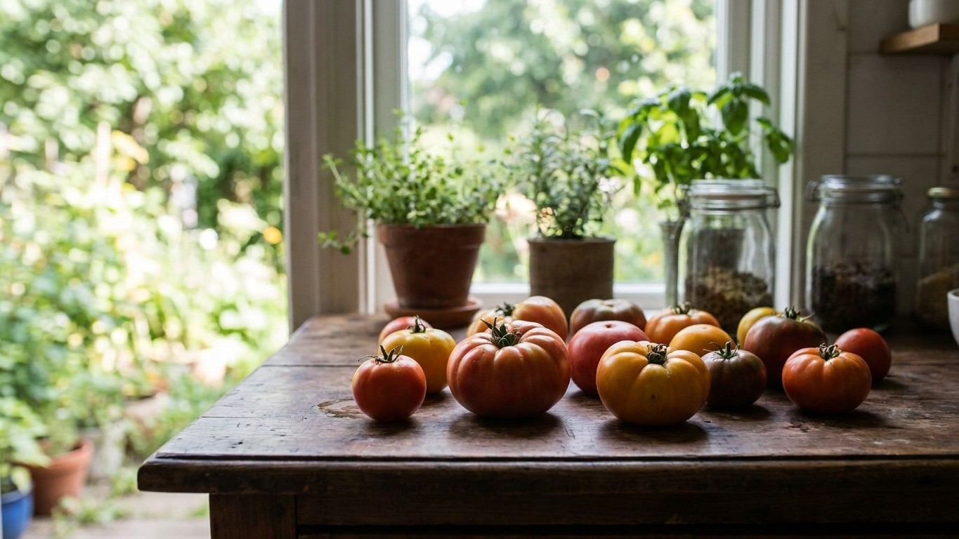Ripe heirloom tomatoes and fresh herbs displayed on a wooden windowsill with natural garden light streaming through.