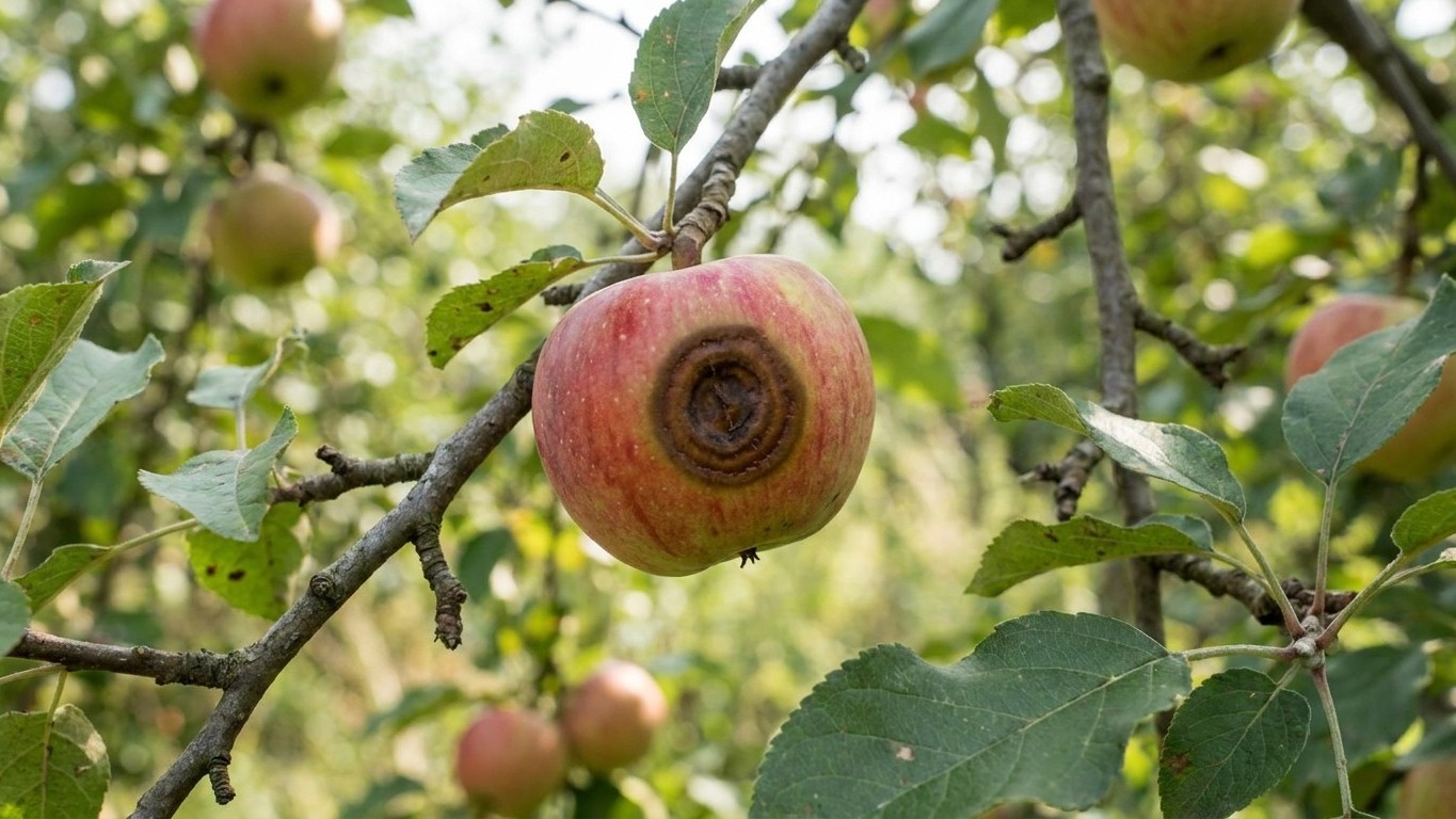 A red apple on a branch displays blossom end rot, a calcium deficiency disorder causing dark sunken spots on the fruit.