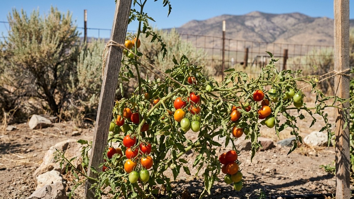 A vegetable garden with mature tomato plants bearing red, orange, and green fruits supported by stakes and wire fencing, set against a dry mountainous landscape.