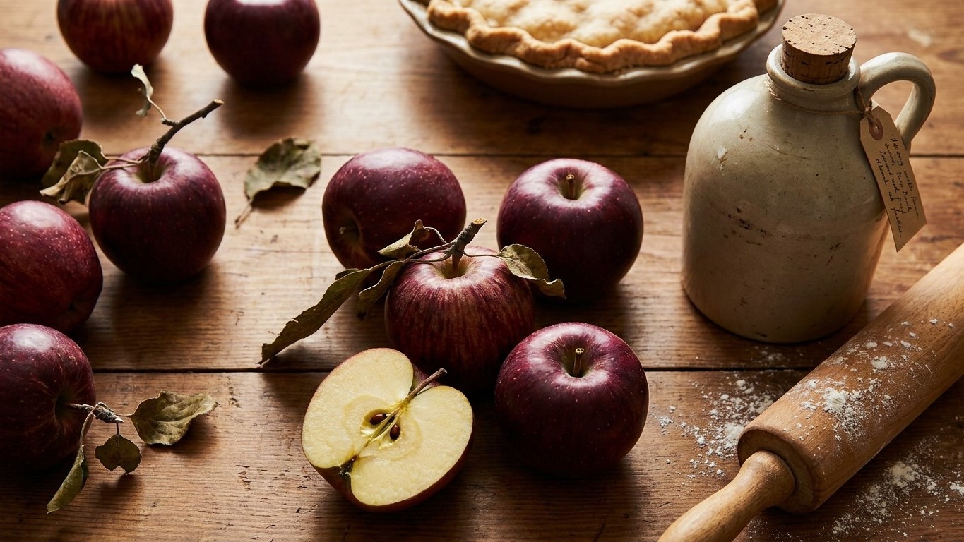 A rustic kitchen still life featuring dark red apples with stems and leaves, one sliced apple, a pie, rolling pin, and vintage ceramic crock on a wooden table.