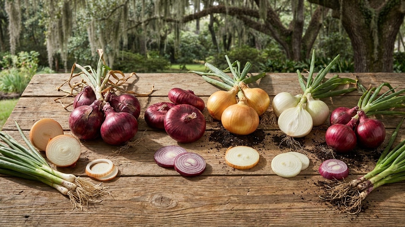 A styled flat-lay arrangement of red, yellow, and white onions whole and sliced on rustic wood with hanging moss and trees in background.