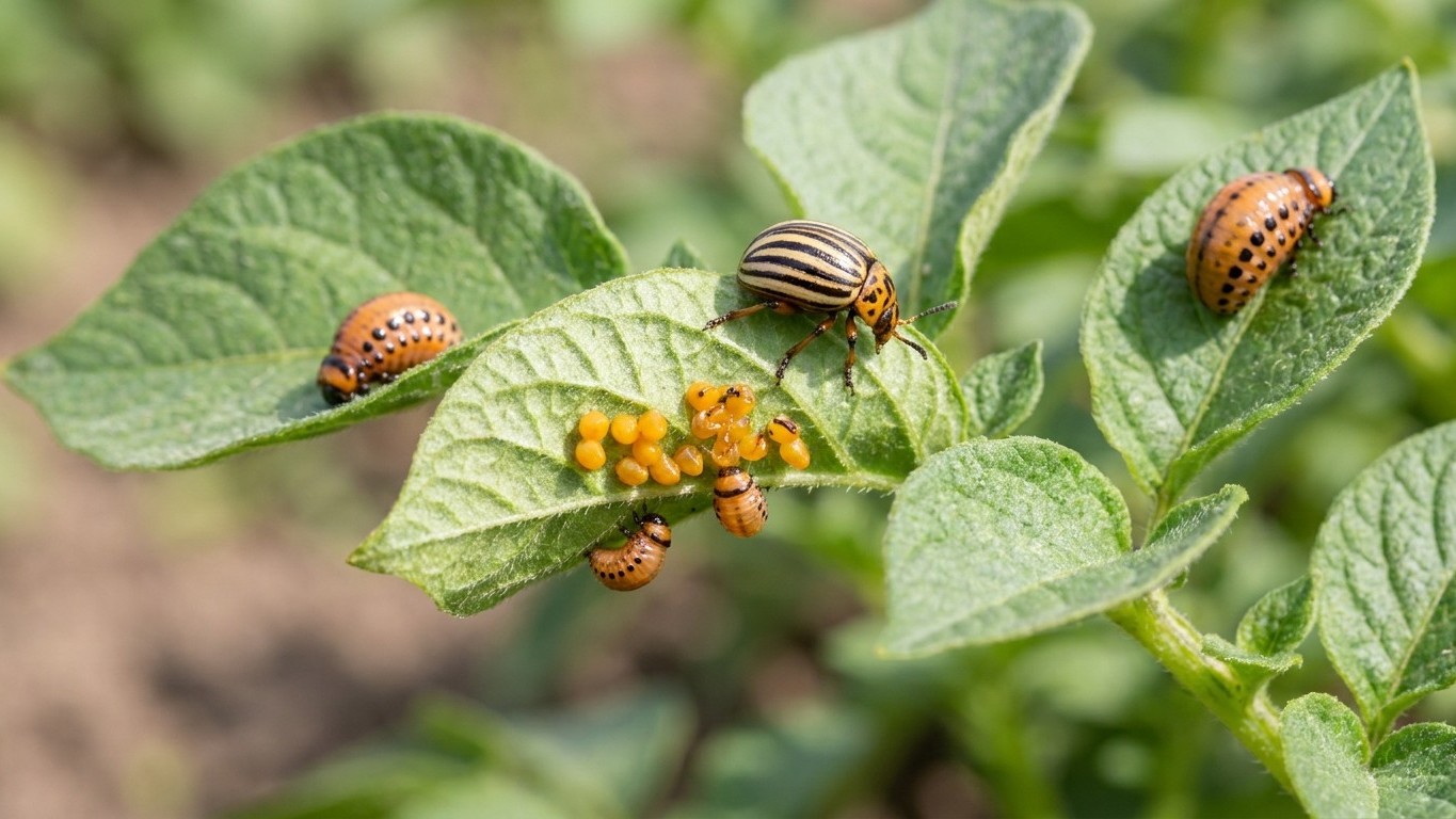 Colorado potato beetles in various life stages—adults, larvae, and eggs—infesting a potato plant leaf.