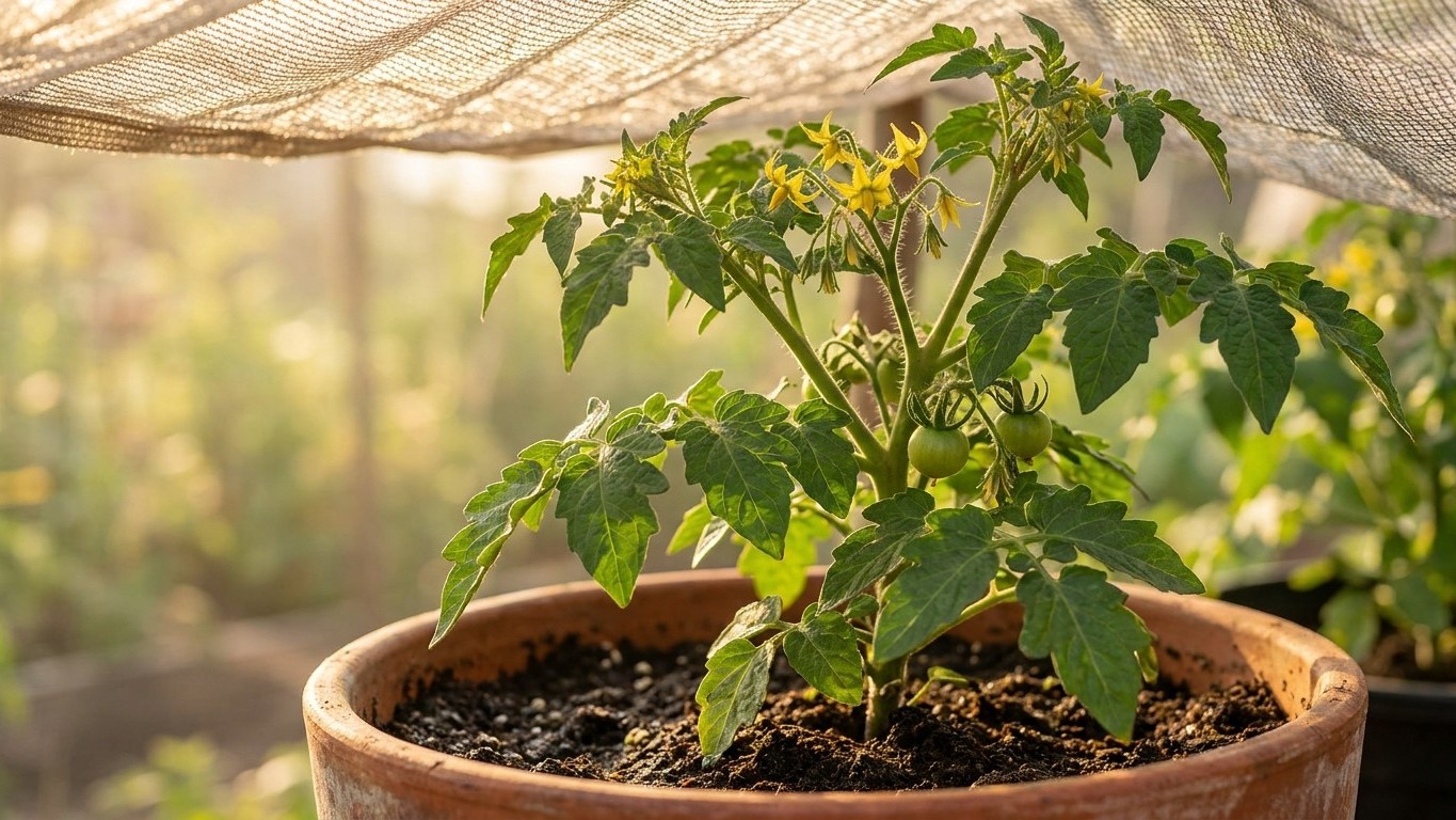 A young tomato plant with yellow flowers blooming in a terracotta pot under shade cloth in a greenhouse or garden setting.