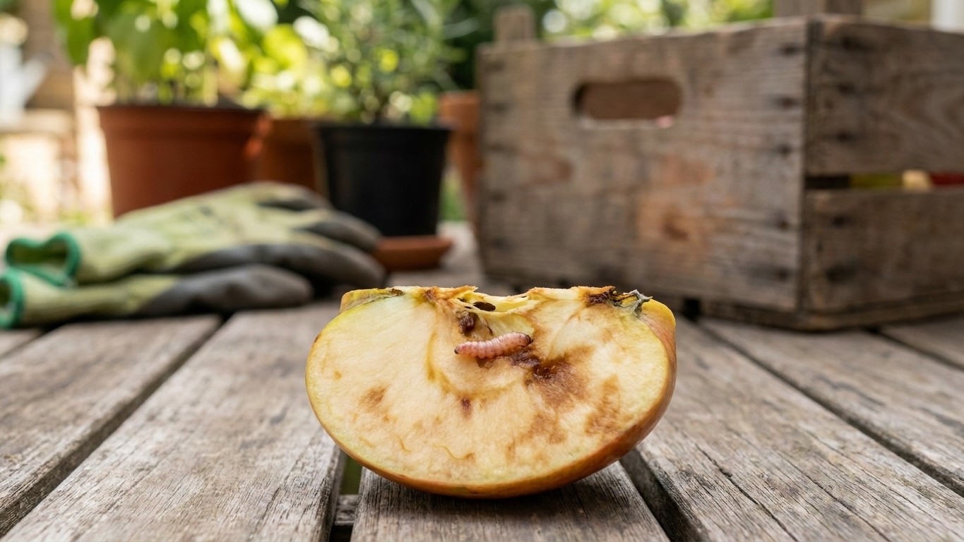 A halved apple showing browning oxidation sits on a wooden deck surrounded by potted plants and garden items.