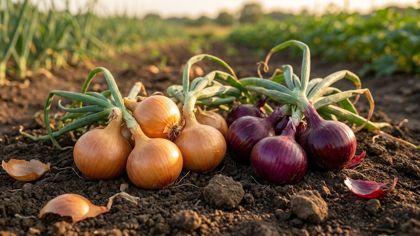 Golden and purple onions with green tops lie on dark soil in a vegetable garden during harvest.