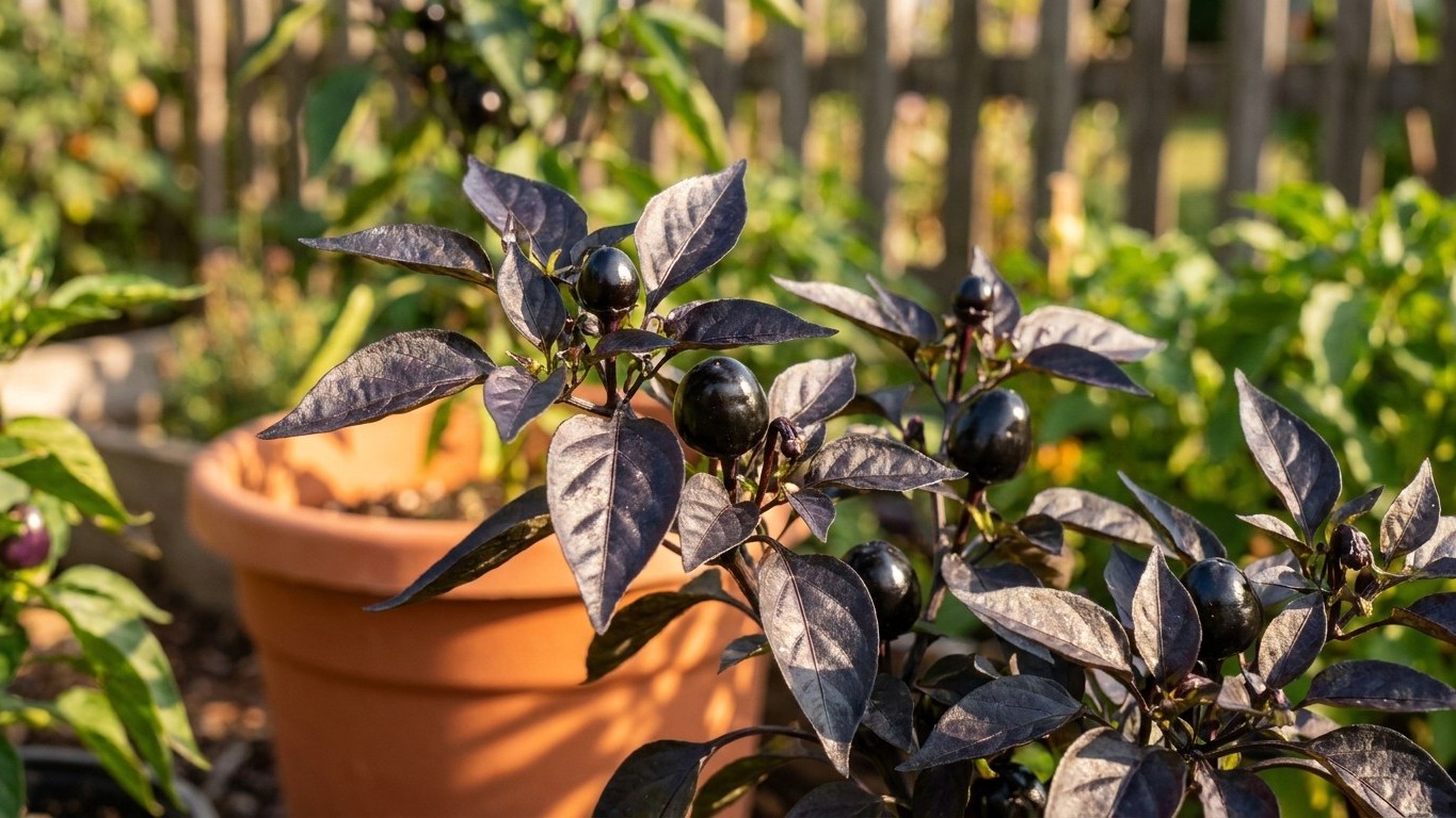 A black pepper plant with dark purple-black fruits and foliage growing in a garden bed with terracotta pots visible in the background.