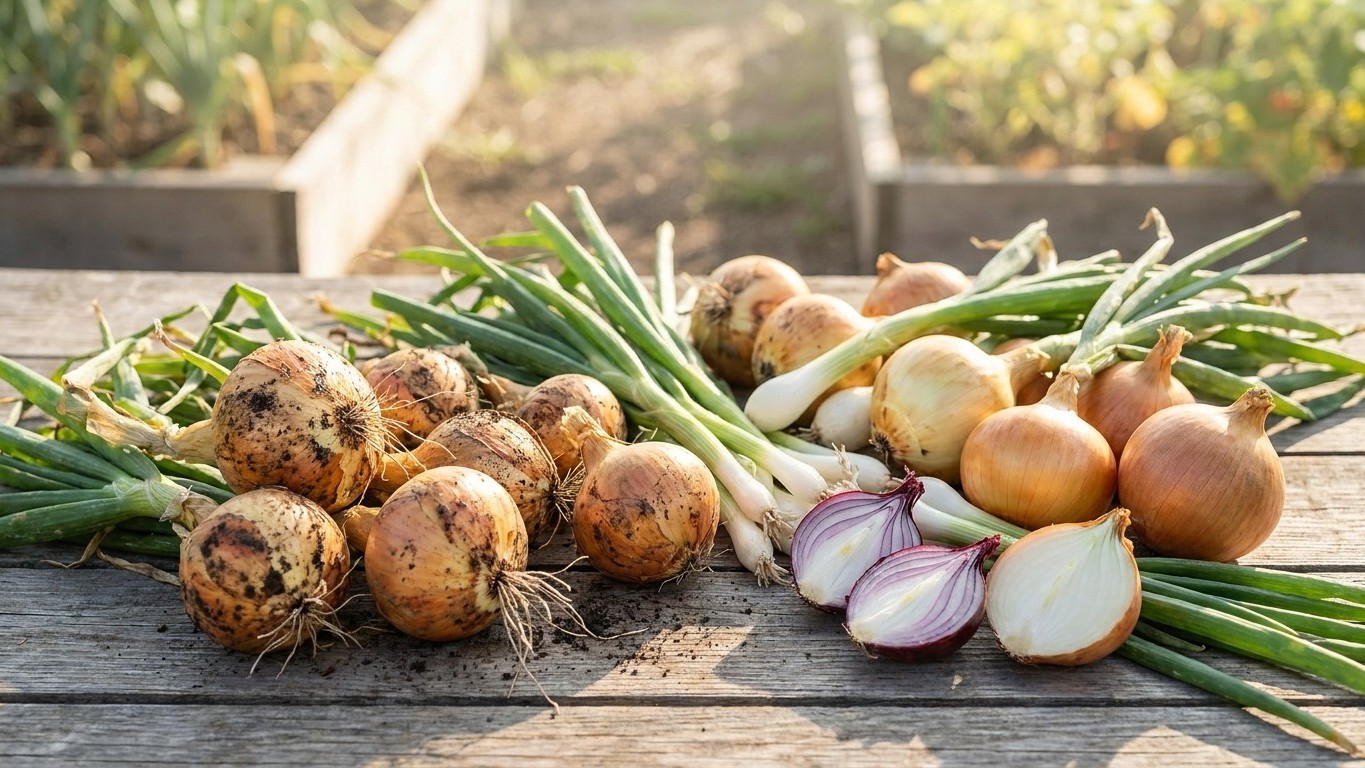 Freshly harvested root vegetables and beans displayed on a wooden surface with raised garden beds visible in the background.