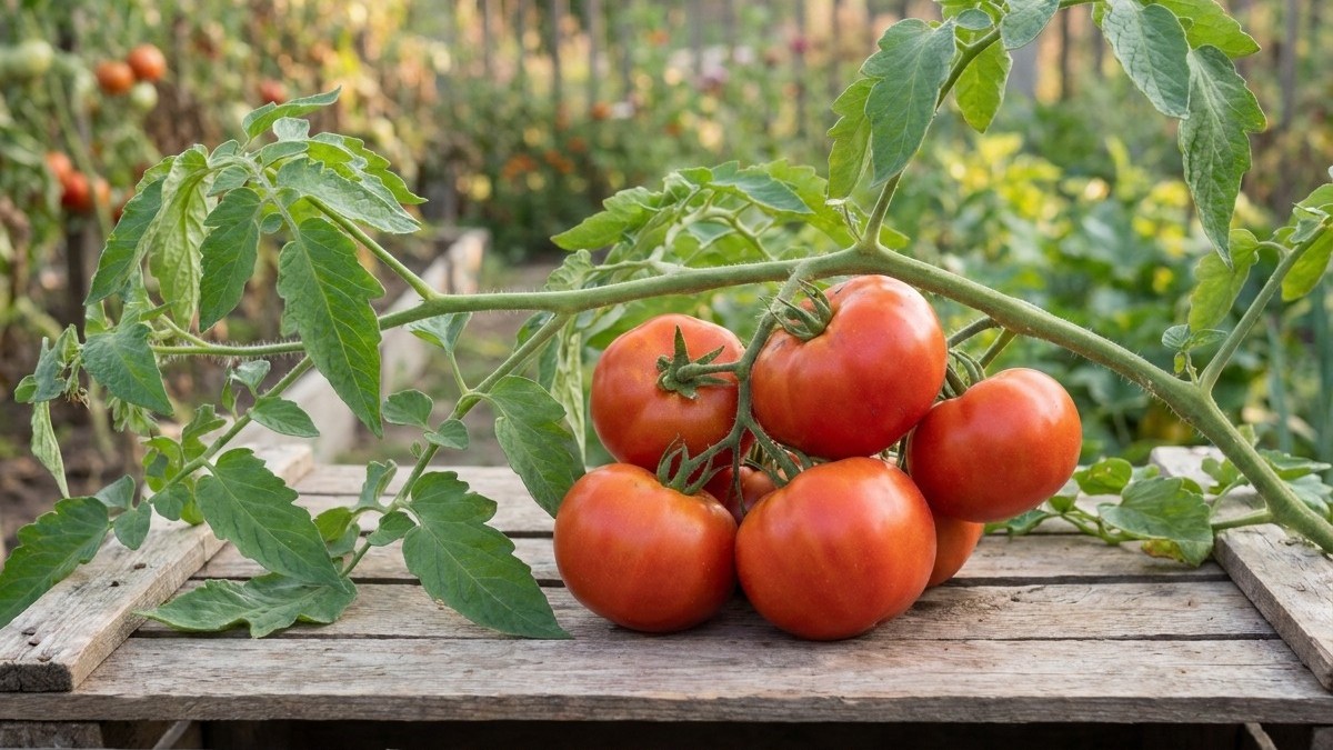 A cluster of ripe red tomatoes with green foliage rests on weathered wood with a vegetable garden visible in the background.
