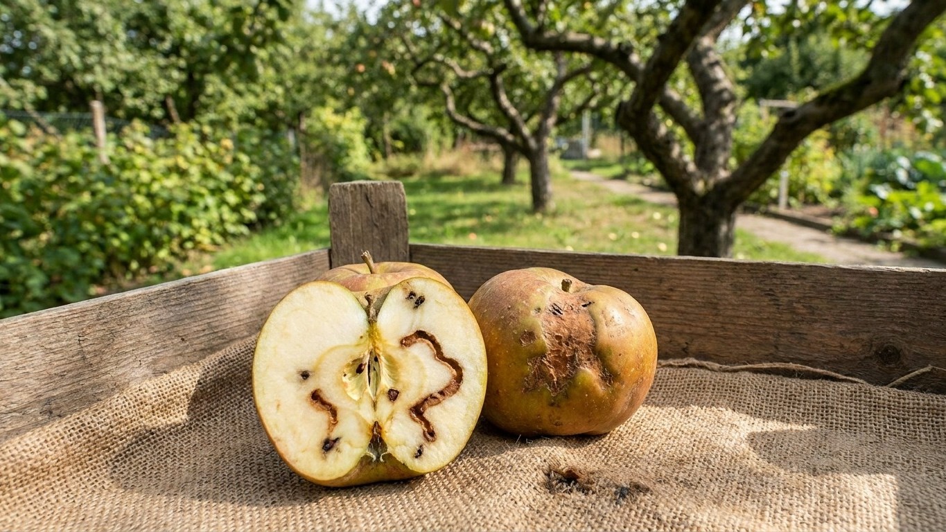 A fresh apple cut in half and a whole apple displayed on a rustic wooden crate in an orchard setting.