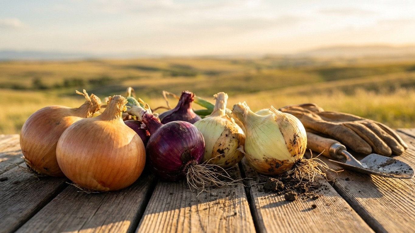 Several freshly harvested onions in various colors arranged on weathered wooden boards with a golden agricultural field in the background.