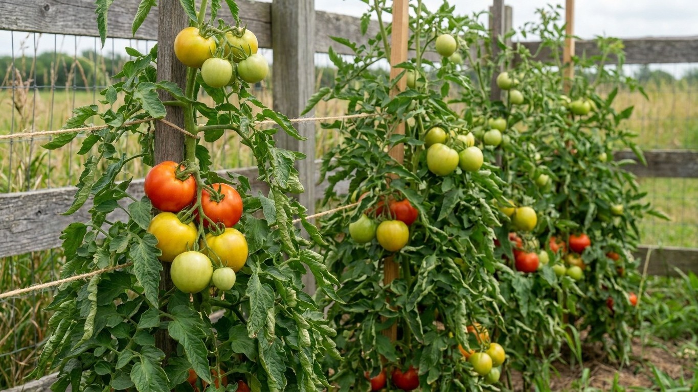 A productive vegetable garden displays tomato plants heavy with ripening fruit in various stages of maturity, supported by wooden trellises in bright summer daylight.