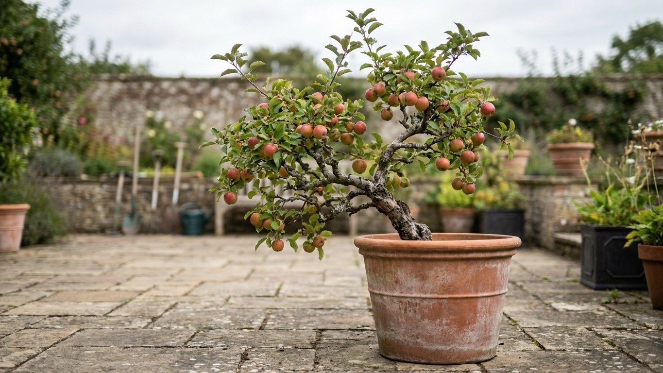 A compact potted apple tree bearing ripe red fruit stands in a terra cotta container on a stone patio with garden walls and plants in the background.