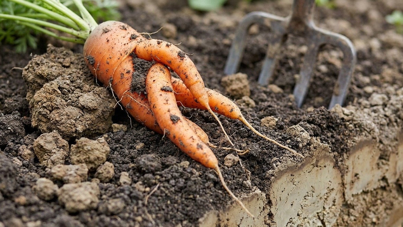 A freshly pulled carrot with green tops lies in dark garden soil next to hand tools and a garden fork.