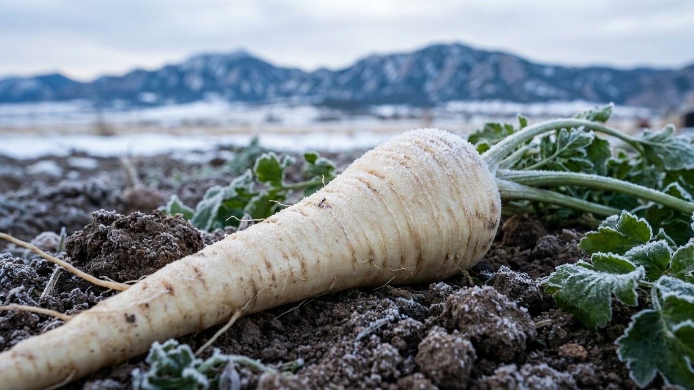 A freshly harvested white parsnip lies in dark garden soil with green foliage visible, mountains in the blurred background.