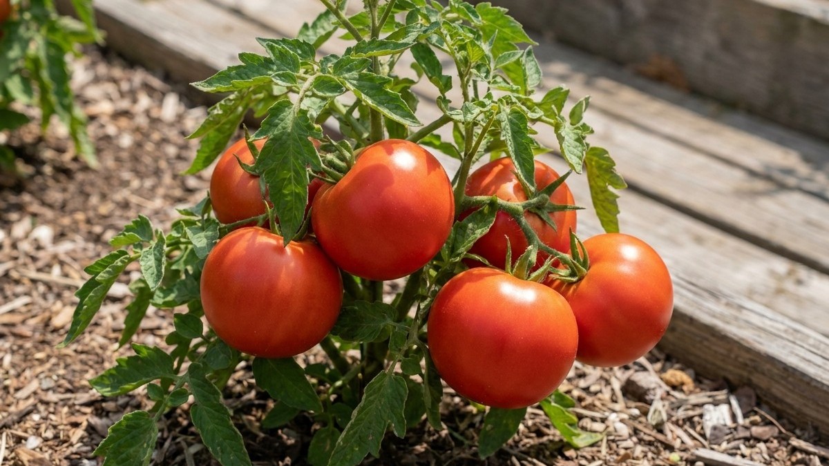 Cluster of ripe red tomatoes on a healthy plant growing in a sunny garden bed with mulch and wooden border.
