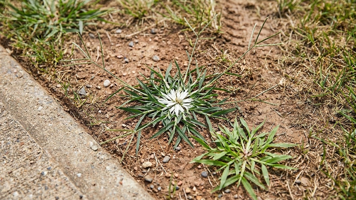 Weeds sprouting along a concrete edge in a lawn area during warm season.