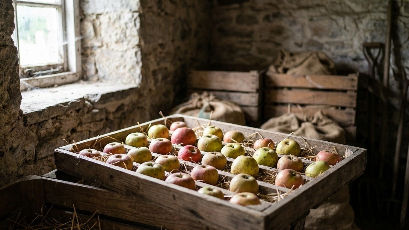Wooden crate of mixed apples in various stages of ripeness stored in a rustic stone basement with natural light from a window.