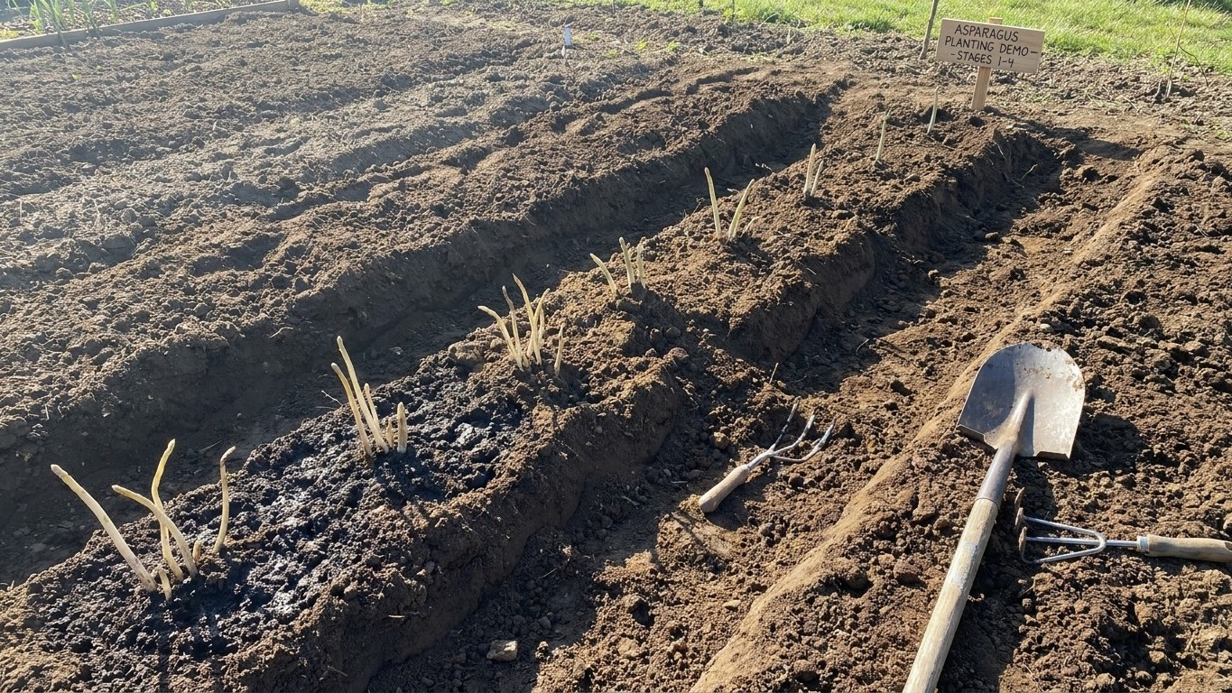 Planting Asparagus Crowns: Eight Inches Deep, Filled Slowly