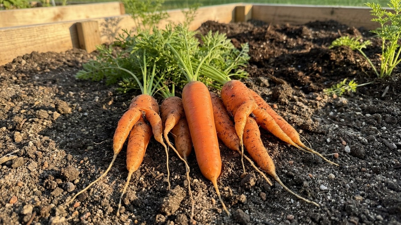 A cluster of freshly harvested orange carrots with green tops displayed in dark garden soil beside wooden raised beds.