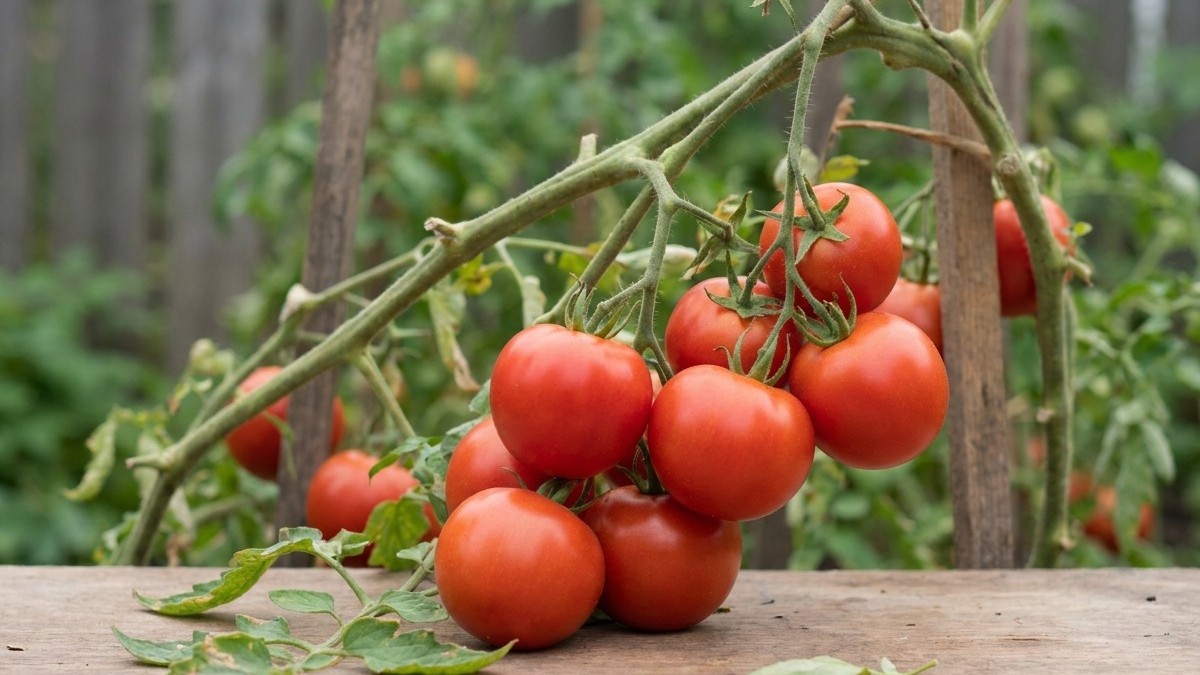 Fresh ripe red tomatoes with attached vine and green foliage displayed on a wooden surface in a garden setting.