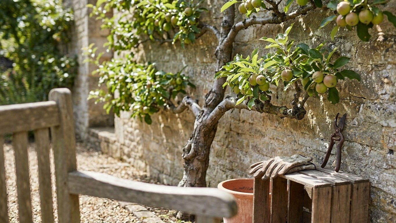 A rustic stone courtyard features a mature fruit tree with branches laden with apples, wooden bench seating, and terracotta pottery.