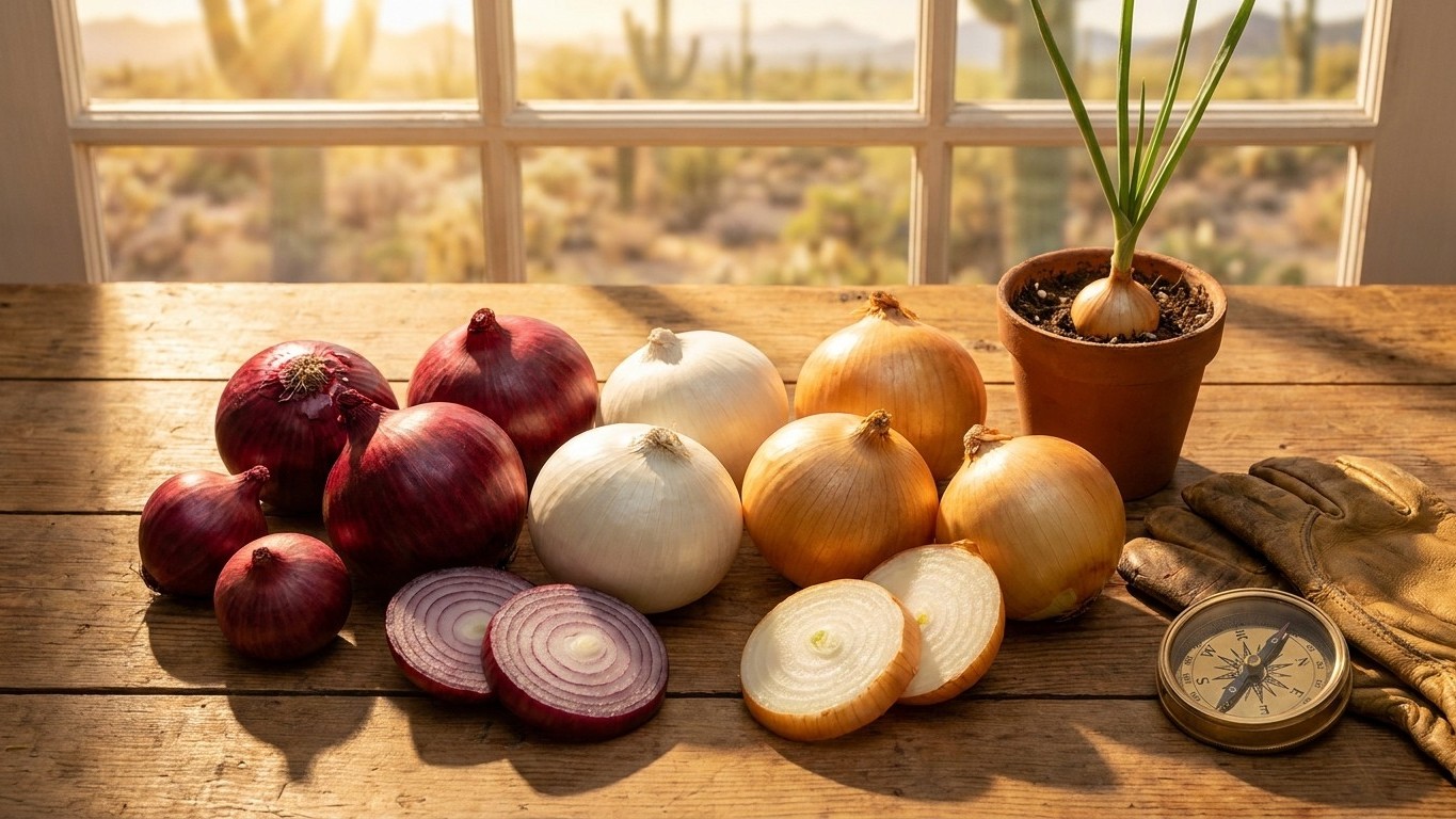 A bright, sun-lit still life of fresh red, white, and yellow onions arranged on a wooden table with sliced rings, a potted plant, and a compass, viewed through large windows overlooking a desert lands