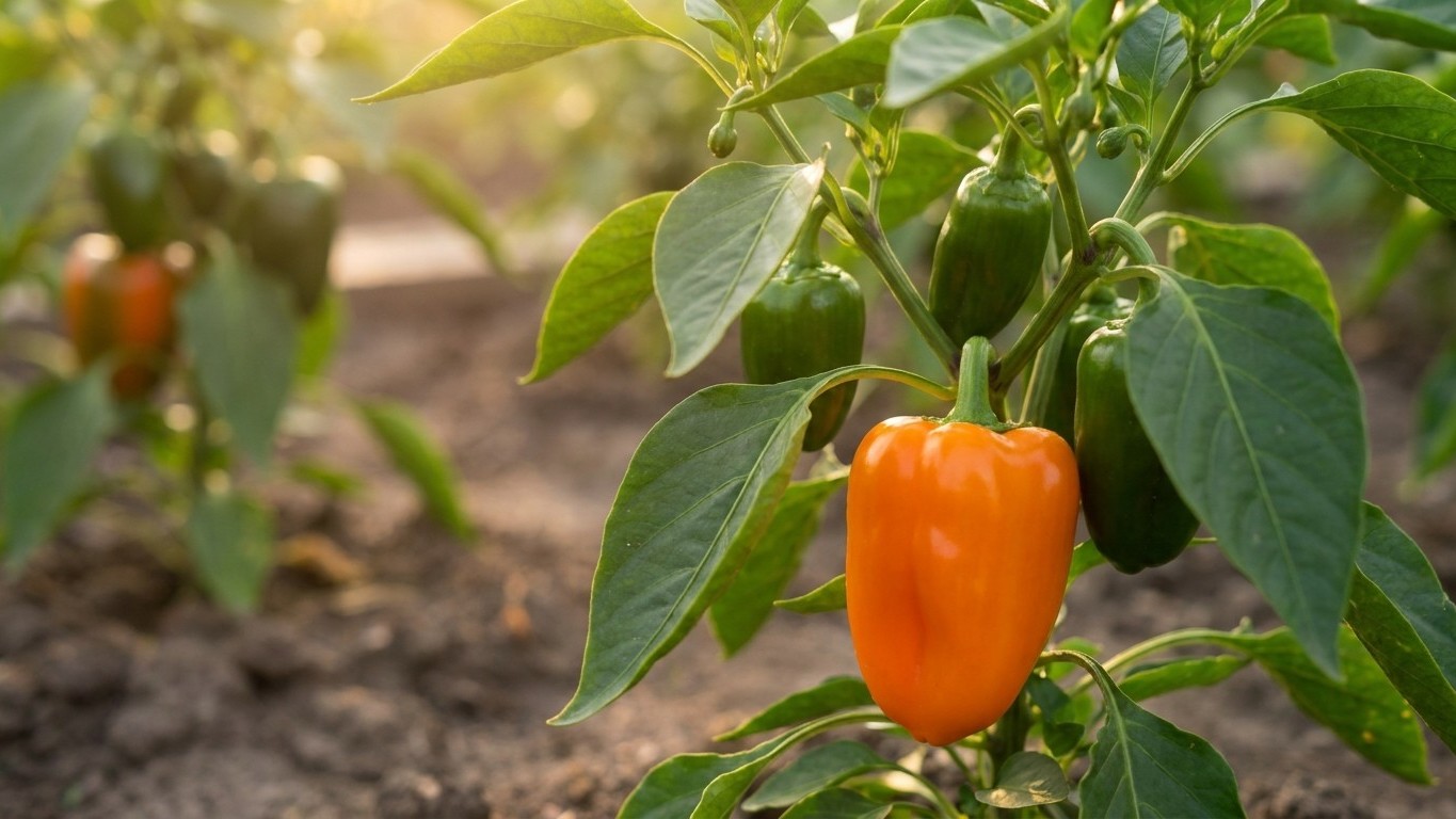 A mature orange bell pepper grows on a healthy plant with green foliage in a vegetable garden.