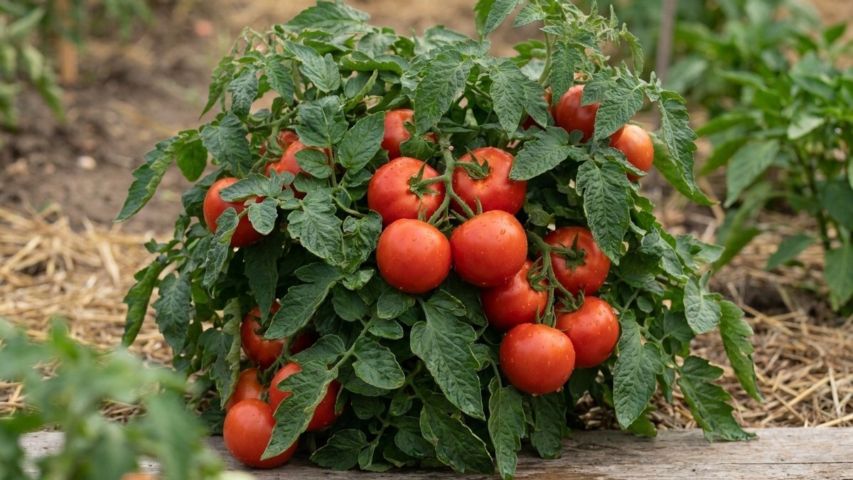 A healthy tomato plant laden with ripe red fruits and lush green foliage in a garden setting.