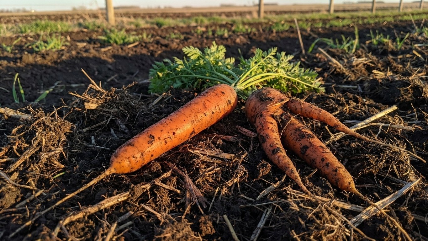 Freshly harvested carrots with attached greens lying on dark soil in a vegetable garden field.