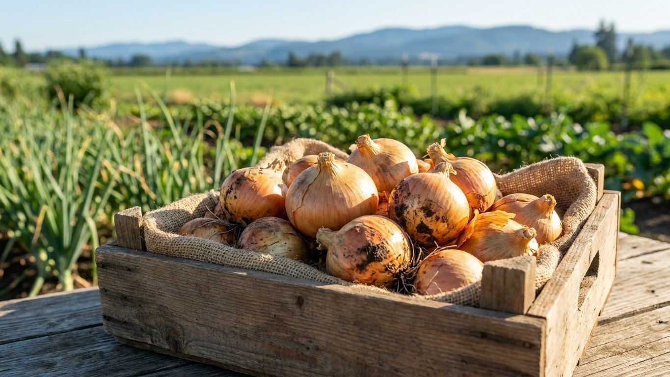 Freshly harvested golden onions displayed in a rustic wooden crate with a sprawling vegetable field and distant mountains visible in the background.