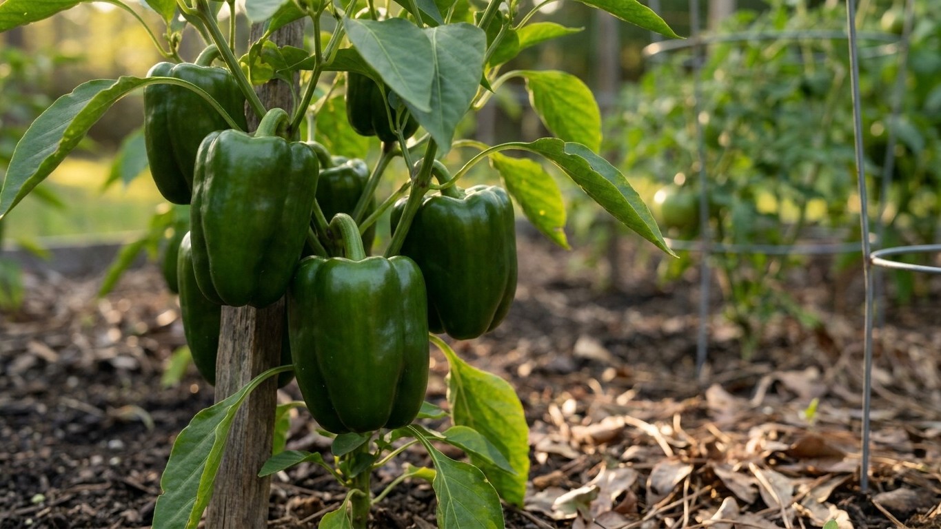 Cluster of mature green bell peppers growing on a plant with staked support in a mulched garden bed.