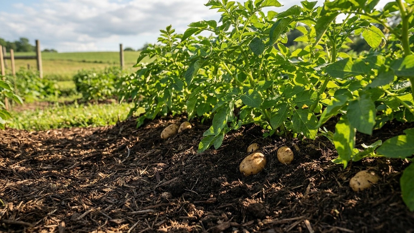 Potato plants with visible tubers growing in a cultivated garden bed with fence and field background.
