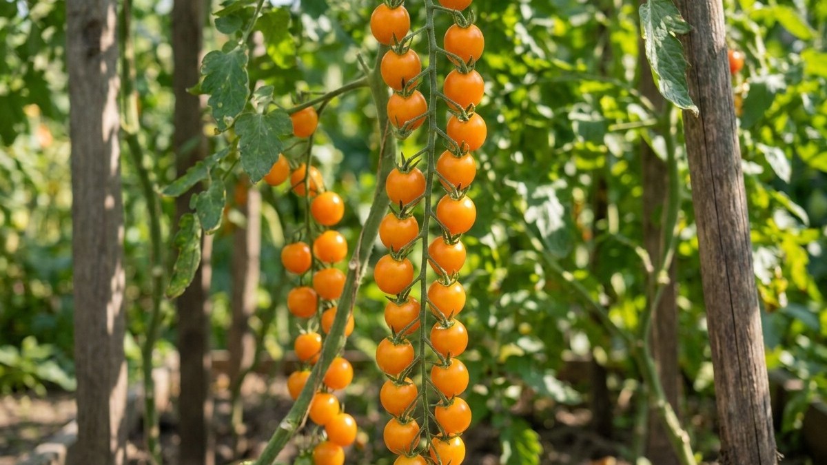 Ripe orange cherry tomatoes dangle in abundant clusters from green vines in a sunny garden setting.