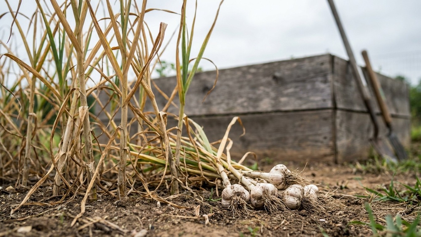 Freshly harvested garlic bulbs with papery skin lying on bare soil beside dried plant foliage, with a dark outbuilding visible in the background.
