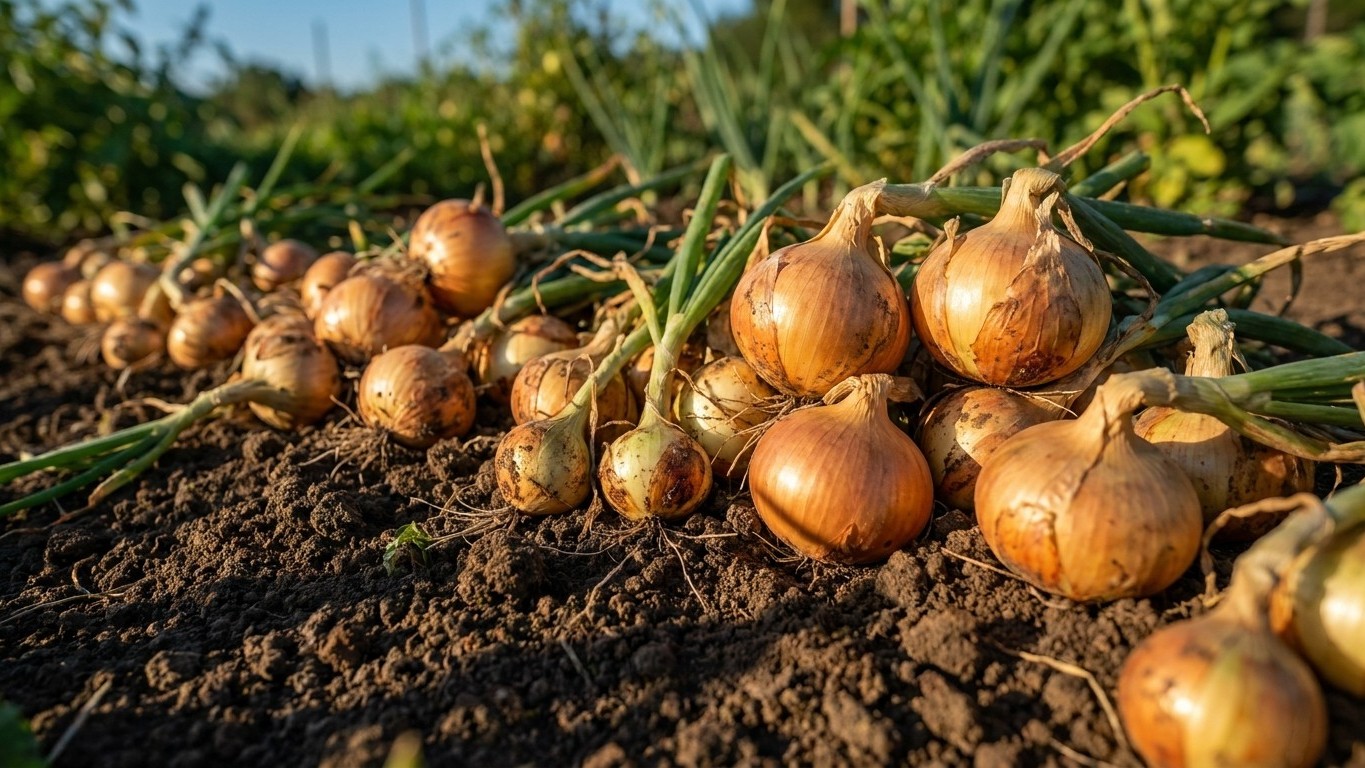Golden-brown harvested onions with green tops still attached, laid on dark soil in a vegetable garden bed.