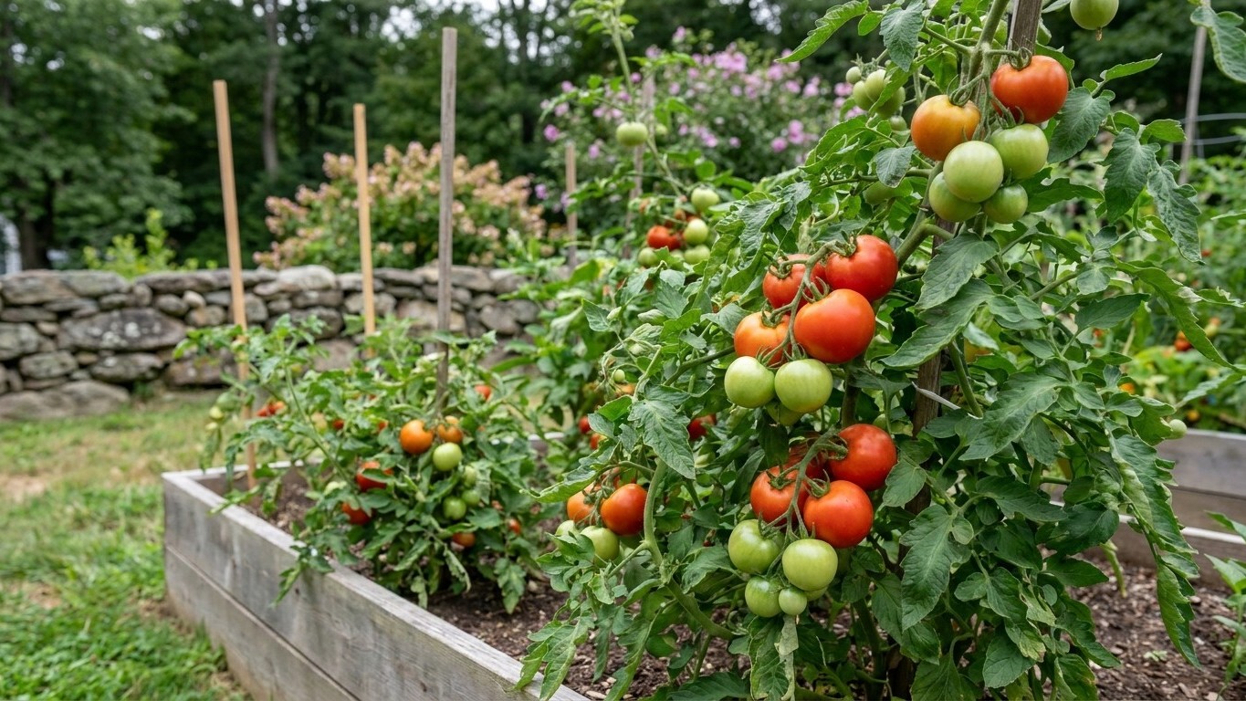 A thriving vegetable garden with multiple tomato plants bearing ripe red and green fruits supported by wooden stakes in raised beds, backed by a stone wall and ornamental shrubs.