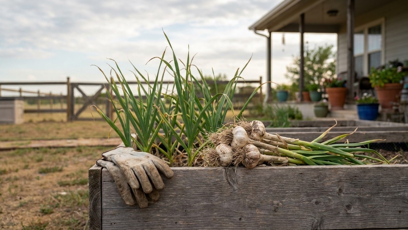 Freshly dug garlic bulbs with attached green foliage rest in a rustic wooden garden bed on a farm property.