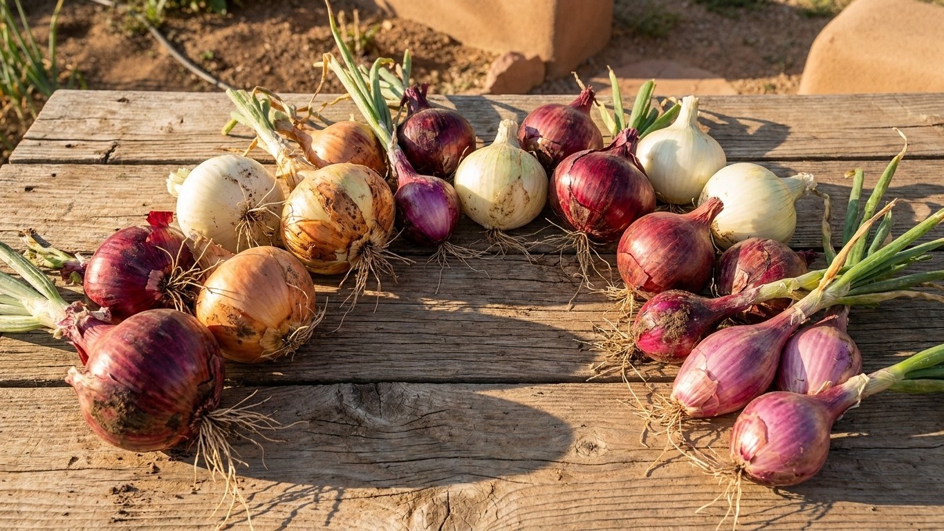 Freshly harvested onions with roots and green stems arranged on a weathered wooden table in bright sunlight.