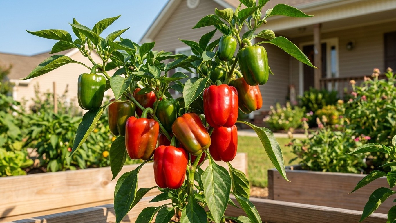 A thriving bell pepper plant with multiple red and green peppers growing in a sunny residential vegetable garden with a house in the background.